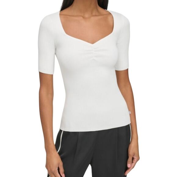 Karl Lagerfeld White Ribbed Knit Ruched Sweetheart Neck Sweater Top Small NWT - Picture 1 of 14